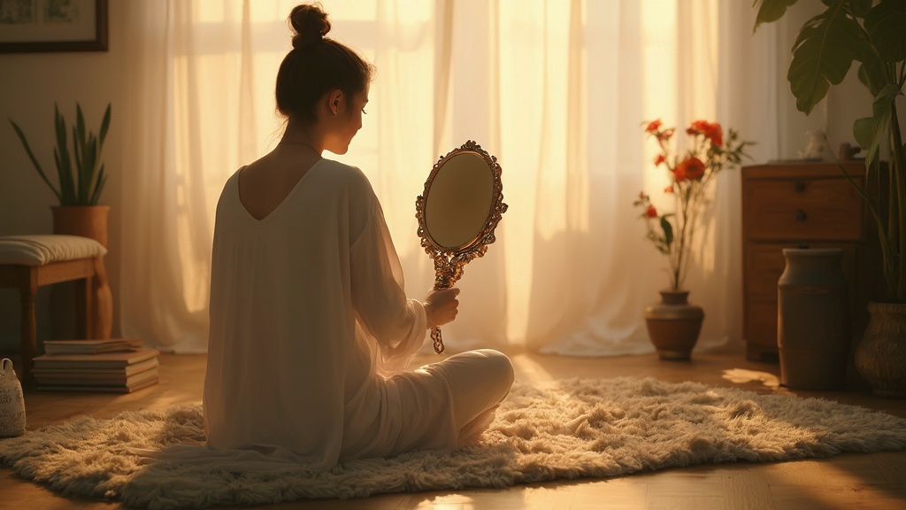 Person looking at their reflection with kindness, symbolizing self-compassion