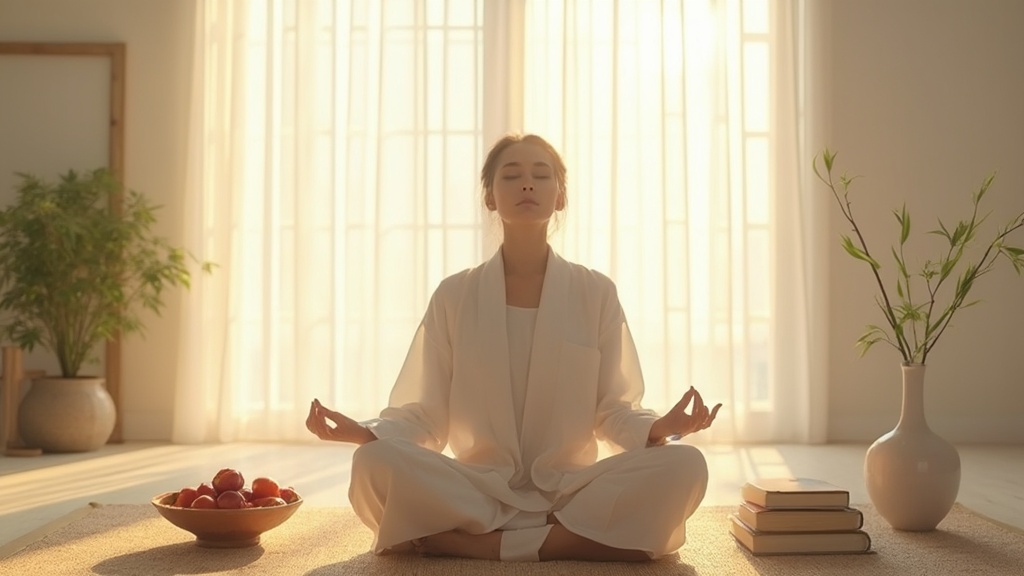 Person meditating in a peaceful, minimalist room