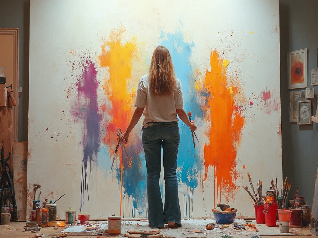 Person engaged in expressive painting on a large canvas