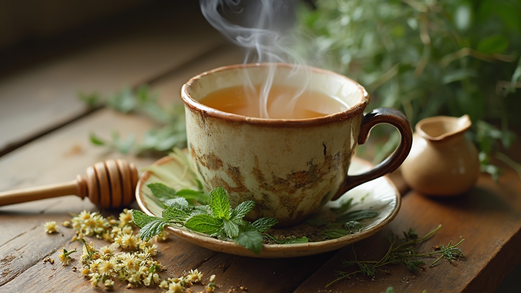 Cup of herbal tea with various dried herbs