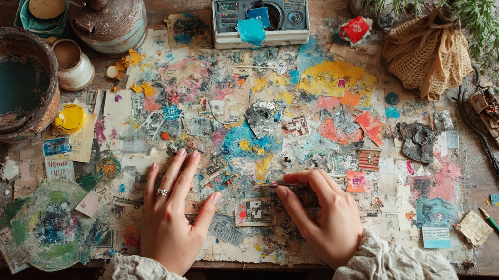 Hands creating a colorful collage with various materials