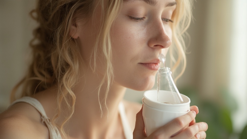 Person using a neti pot for nasal irrigation