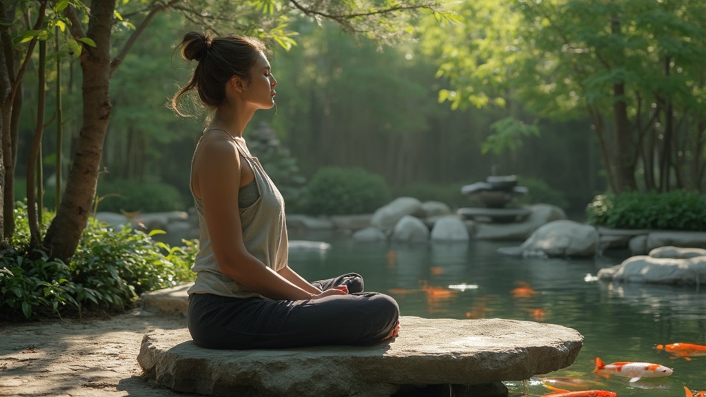 Person meditating in a tranquil garden, representing mindfulness practice