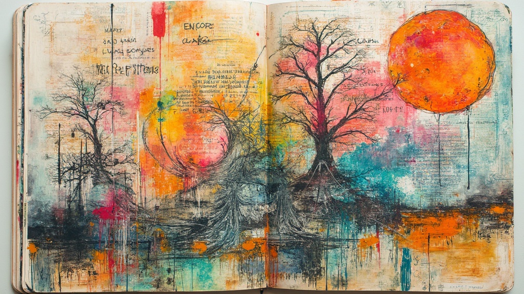 Open art journal with colorful mixed media spread