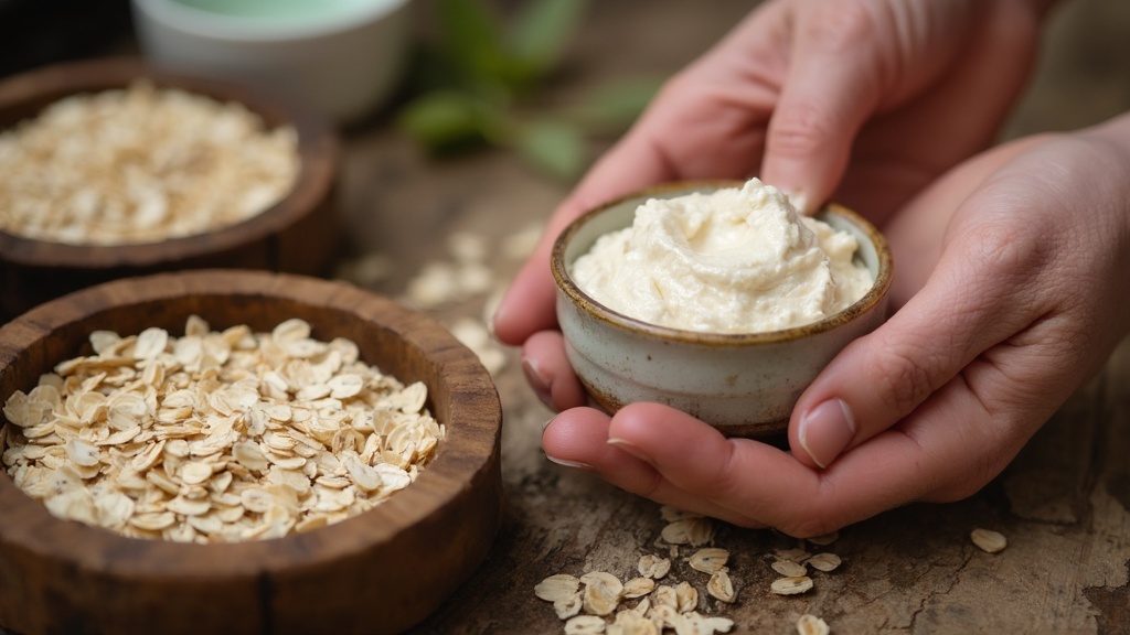 Oatmeal and oatmeal mask being applied to dry skin