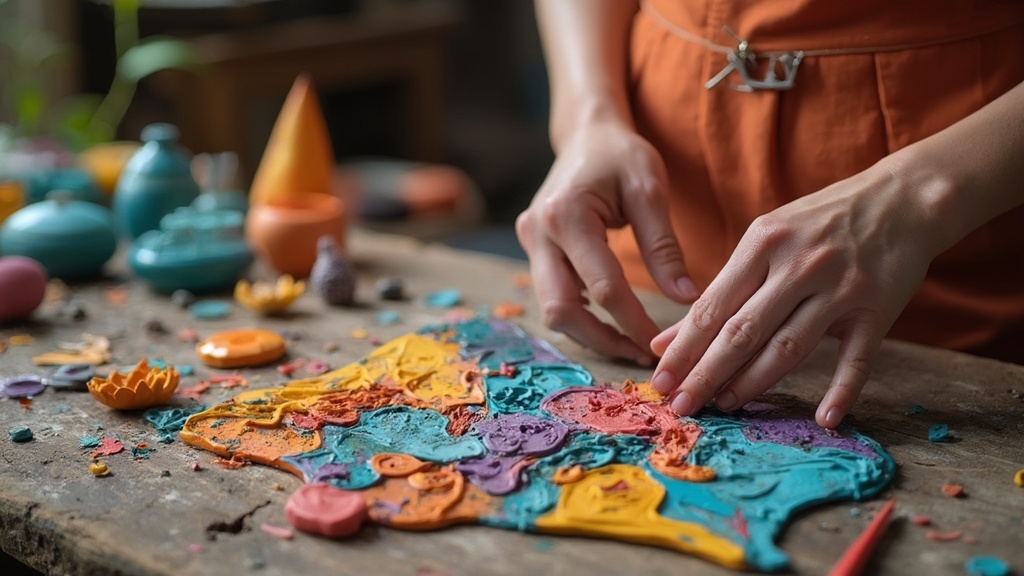 Hands sculpting colorful clay into abstract shapes