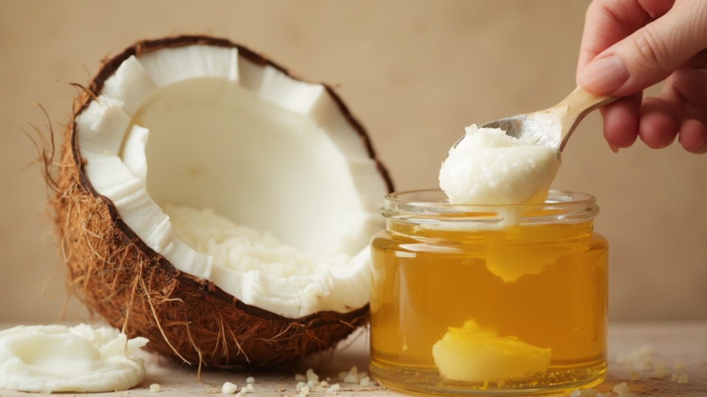 Coconut and coconut oil being applied to skin