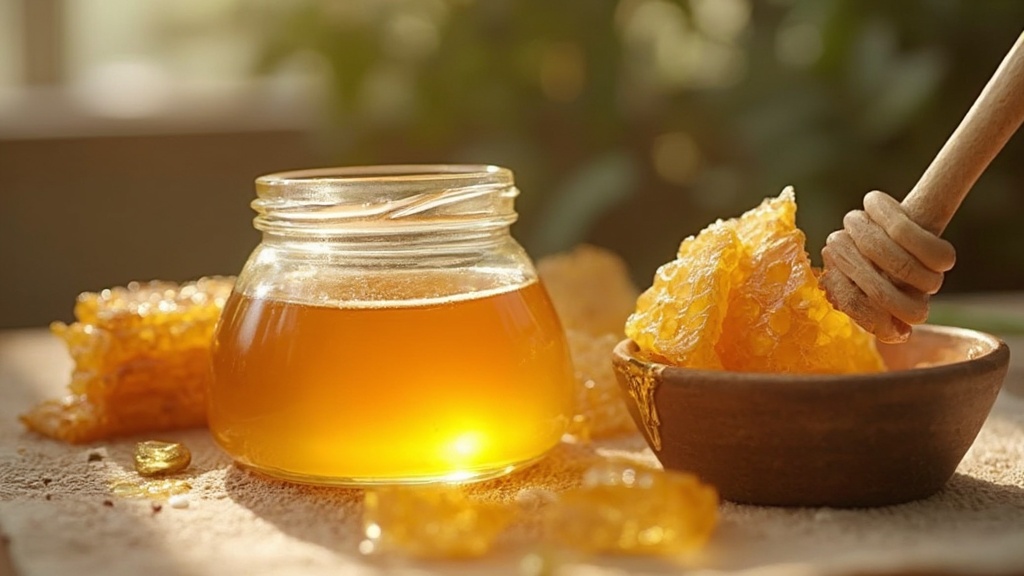 Raw honey and honeycomb, with honey face mask application