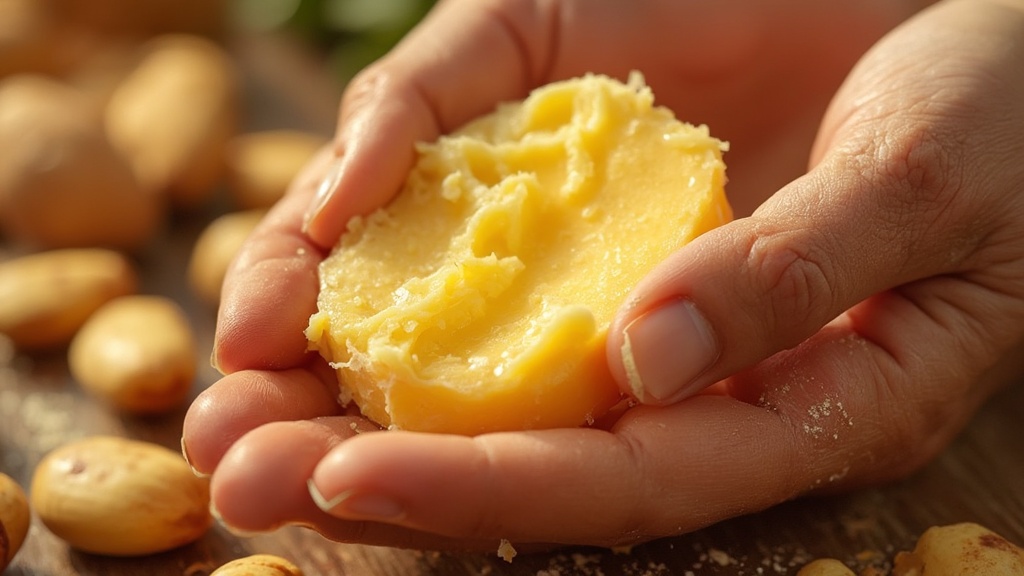 Raw shea butter and shea nuts, with application on dry skin