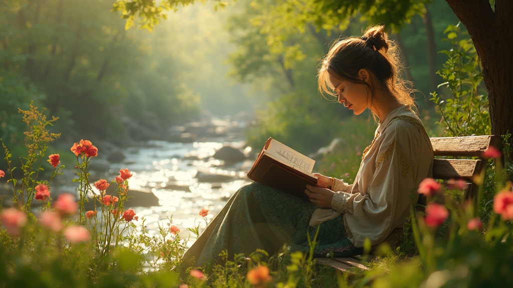 Person engaging in various self-care activities with a serene expression