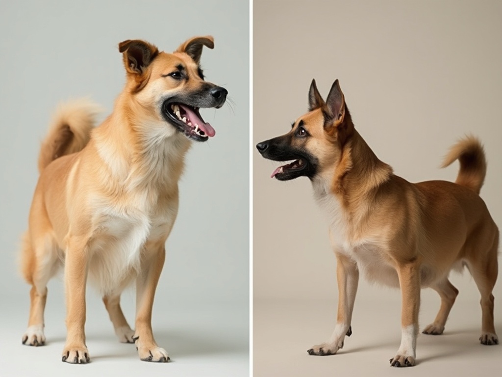 Two dogs displaying contrasting body language