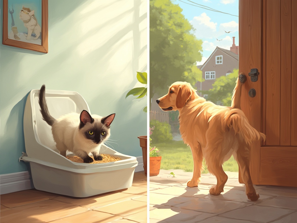 Split image of cat and dog interacting with their environment