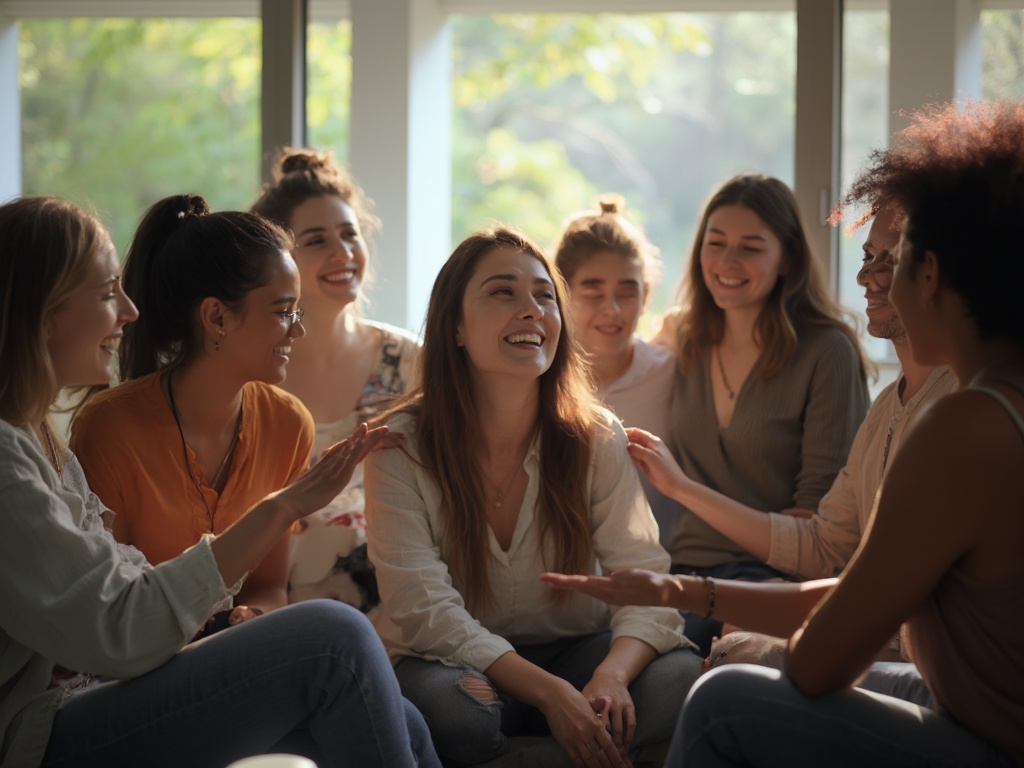 Supportive group circle with person receiving encouragement