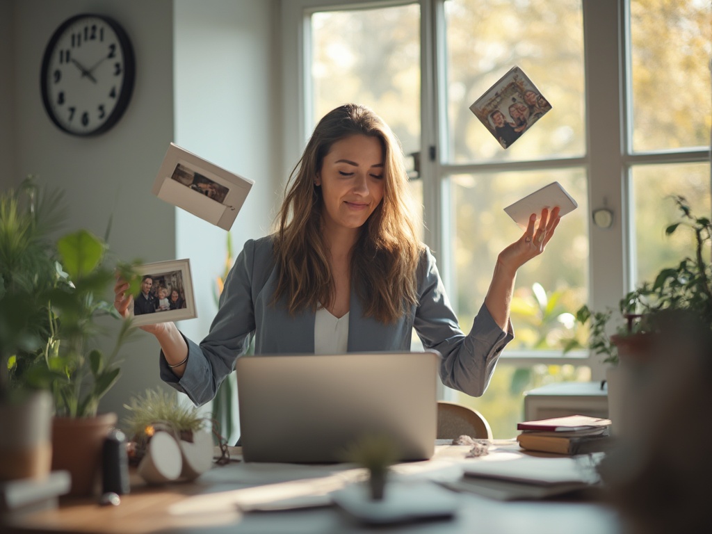 Person juggling life aspects with clock in background