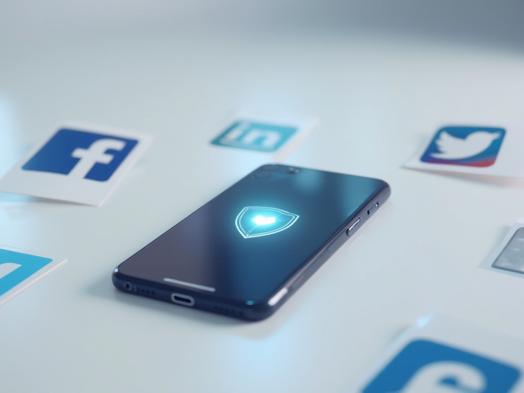 Smartphone with shield icon and social media logos