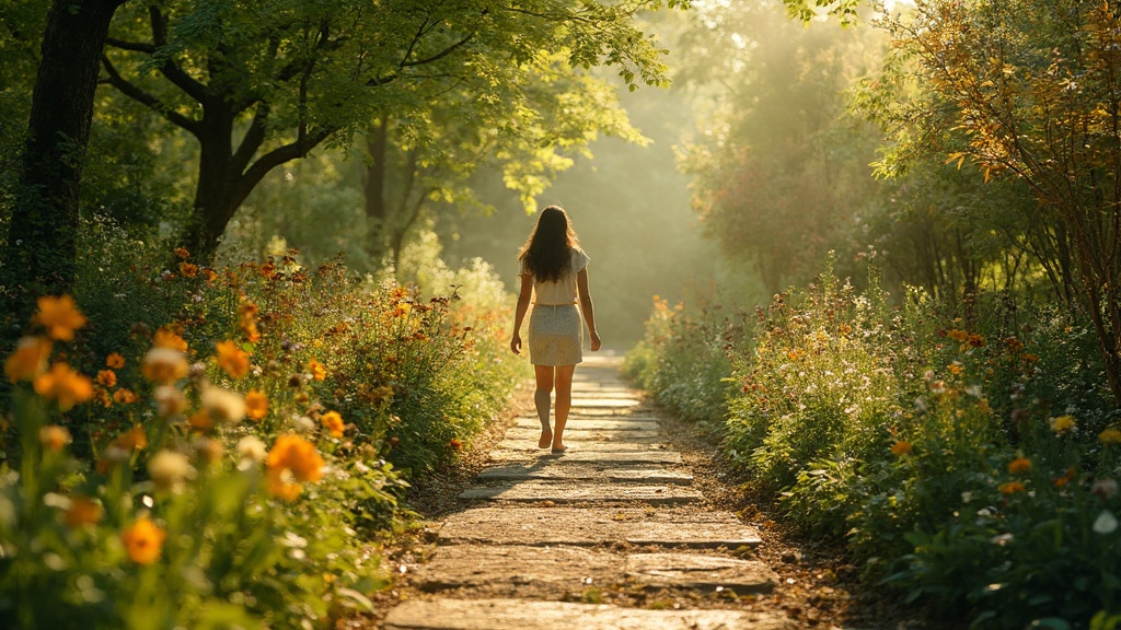 Person practicing mindful walking in a serene garden