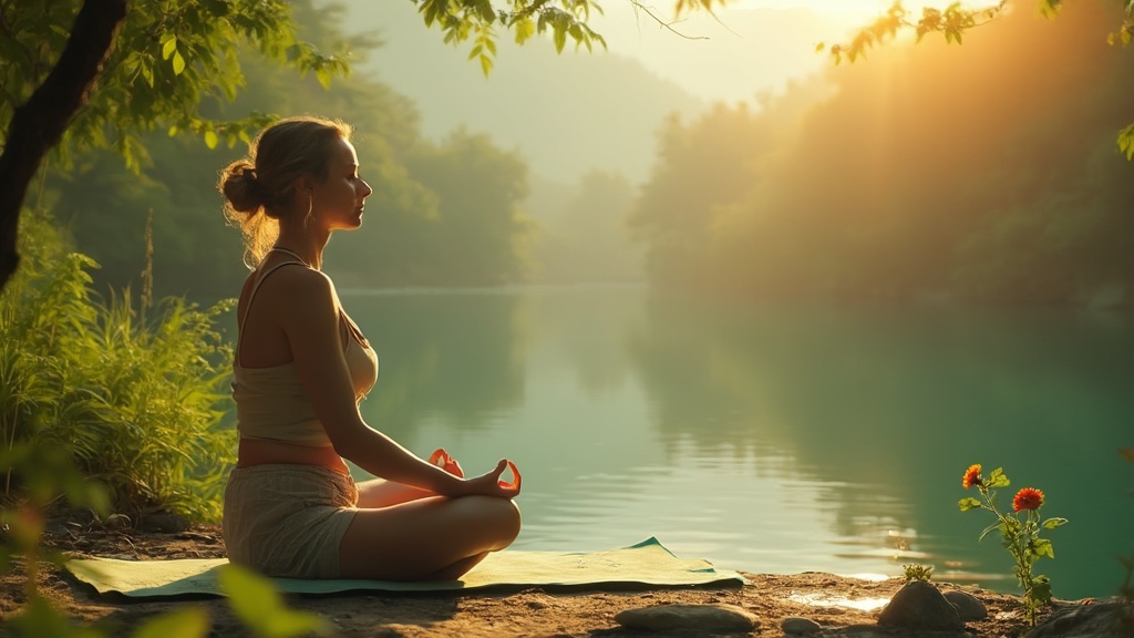 Person practicing yoga or meditation for headache relief in a serene natural setting