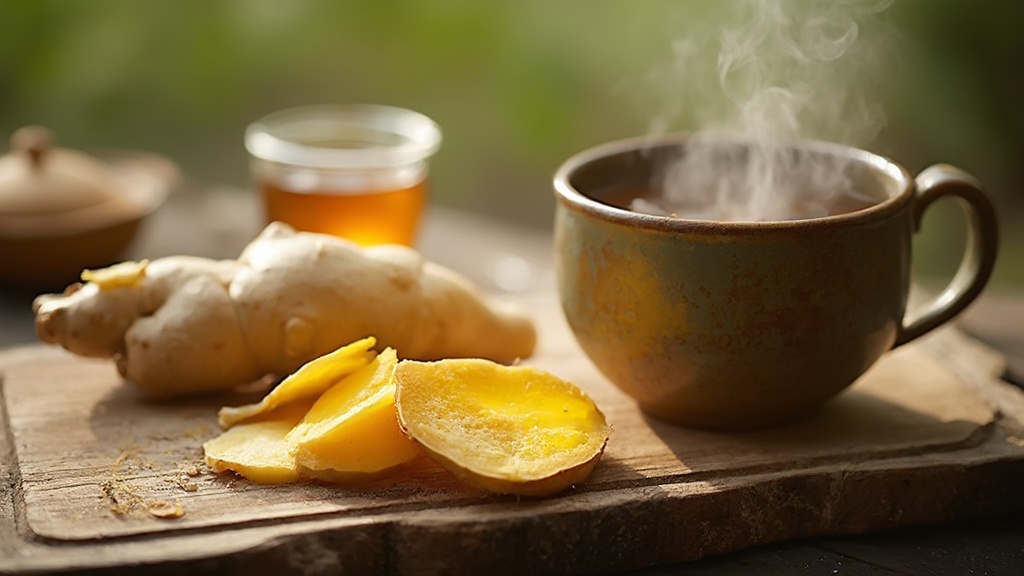 Fresh ginger root, sliced ginger, and a cup of ginger tea