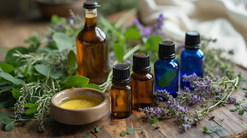 Essential oil bottles with fresh herbs and carrier oil for natural headache relief