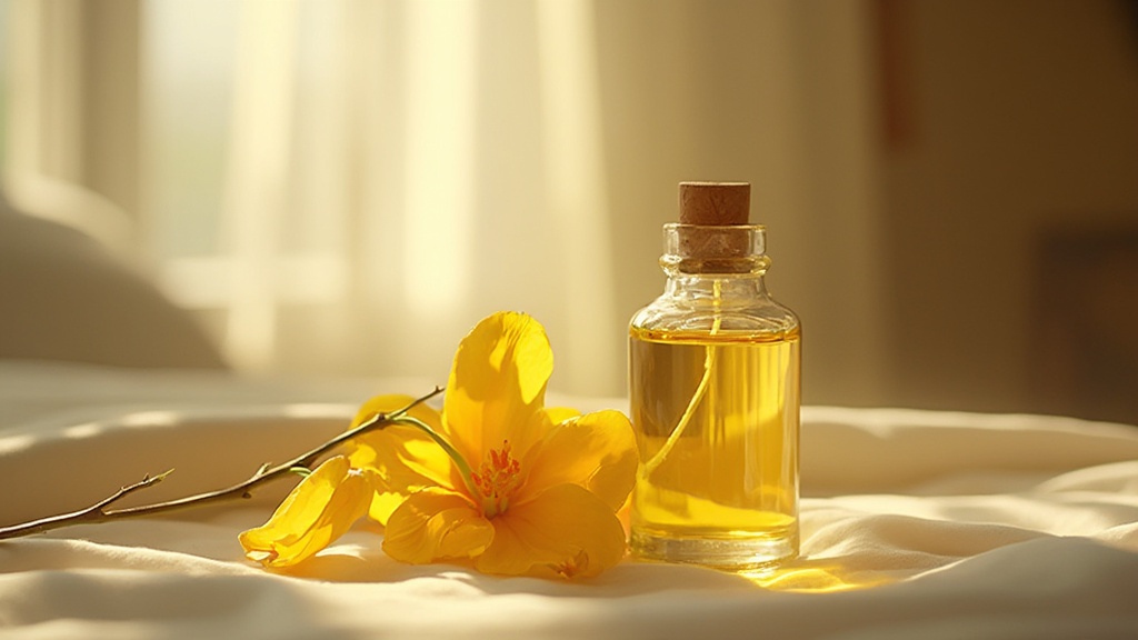 Ylang-ylang flowers and essential oil bottle