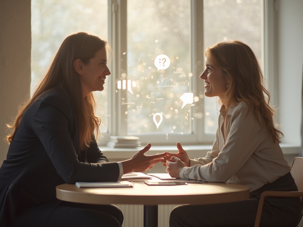 Two people communicating with clear speech bubbles