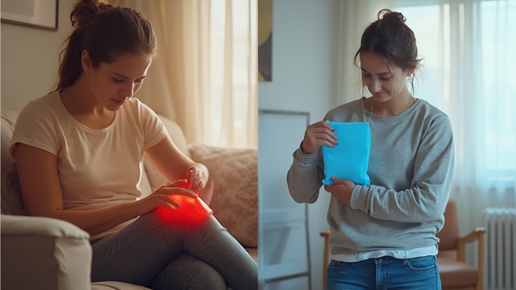 Split image of heat therapy on knee and cold therapy on shoulder