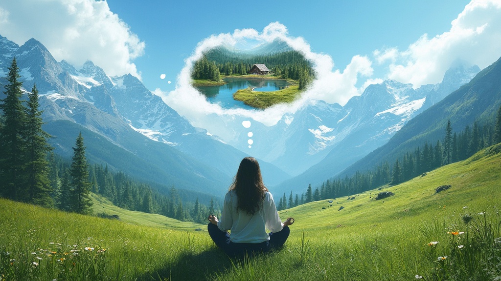 Person meditating with visualization of peaceful nature scene