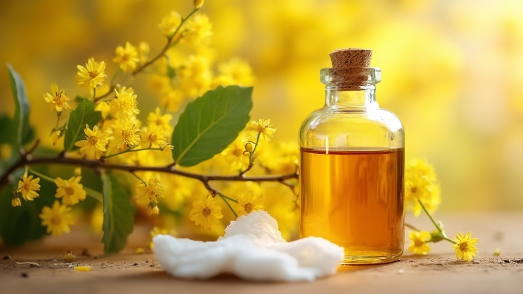 Witch hazel branches, extract bottle, and soaked cotton pad