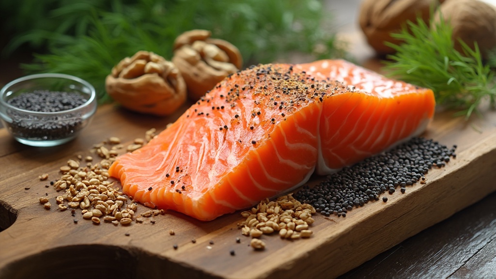 Omega-3 rich foods including salmon, walnuts, flaxseeds, and chia seeds