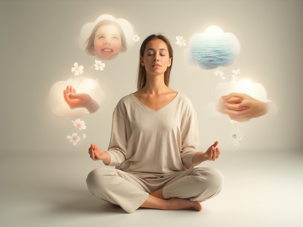 Person meditating with thought bubbles representing self-awareness