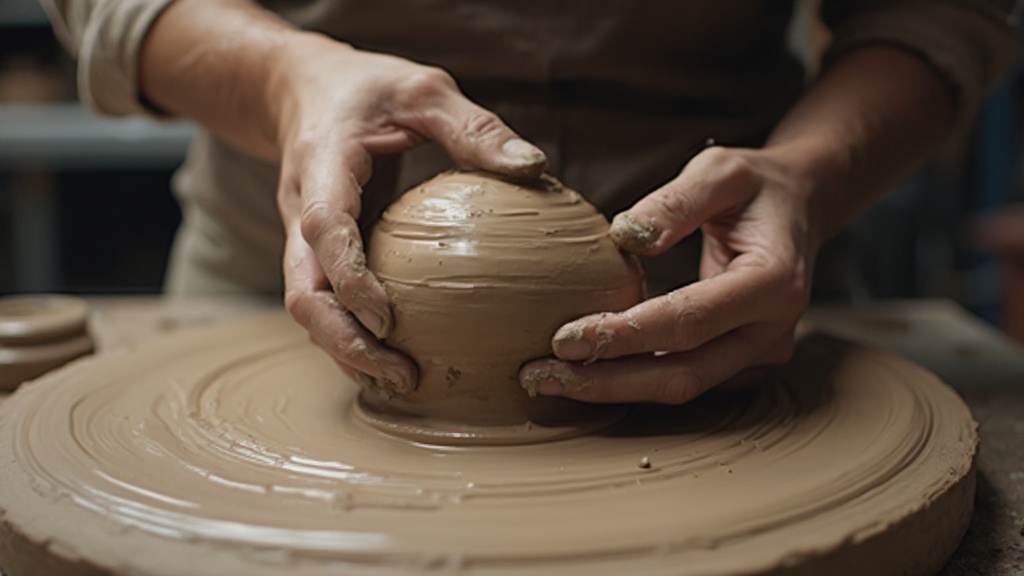 Hands sculpting clay into an abstract form