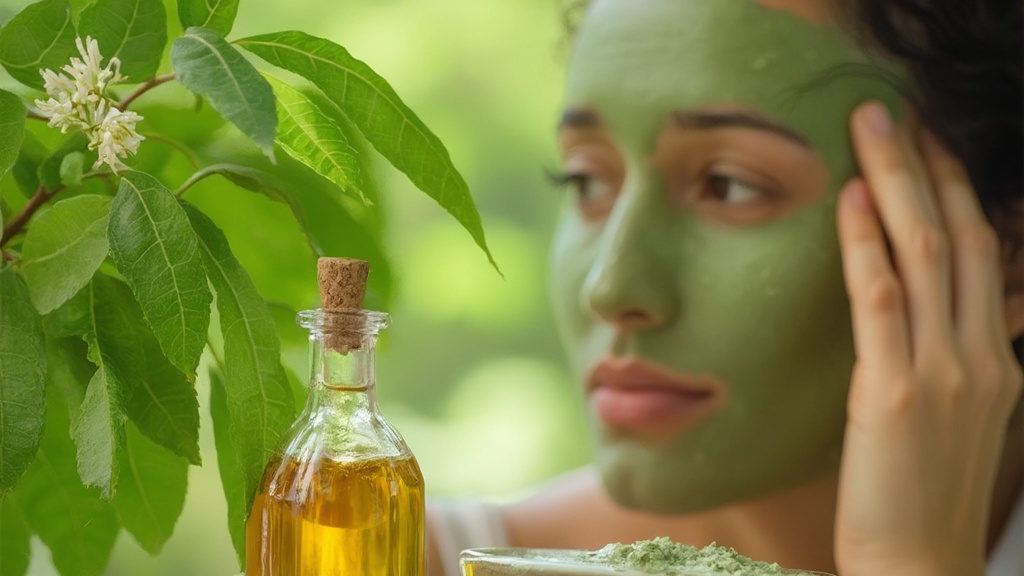 Neem leaves, oil, and person applying neem paste