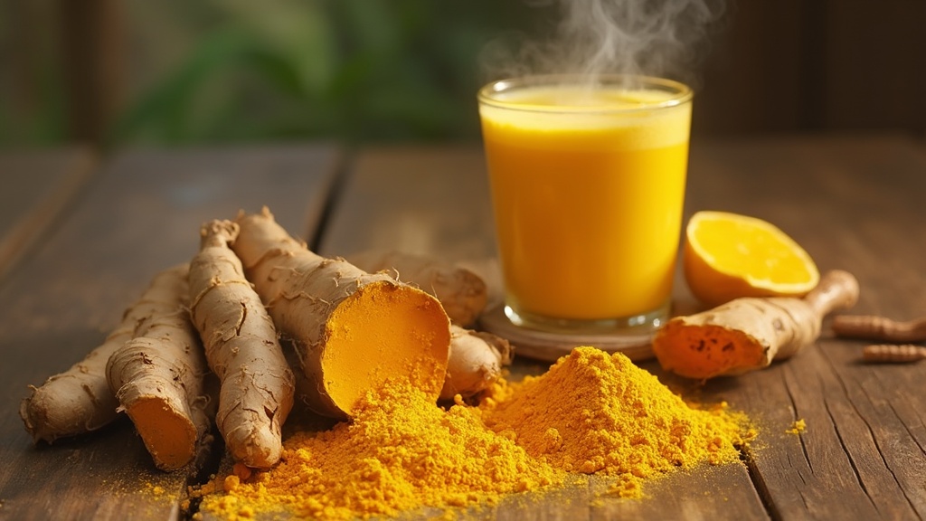 Turmeric root, powder, and golden milk illustrating its use as a natural remedy