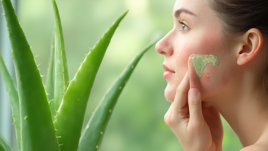 Aloe vera plant and person applying gel to face