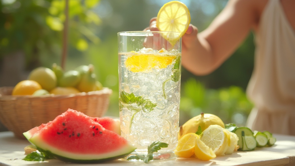 A glass of water with lemon and hydrating fruits, emphasizing the importance of staying hydrated