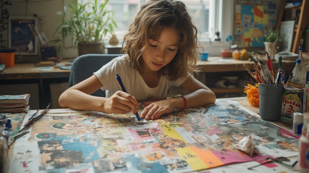 Person creating a diverse and colorful collage